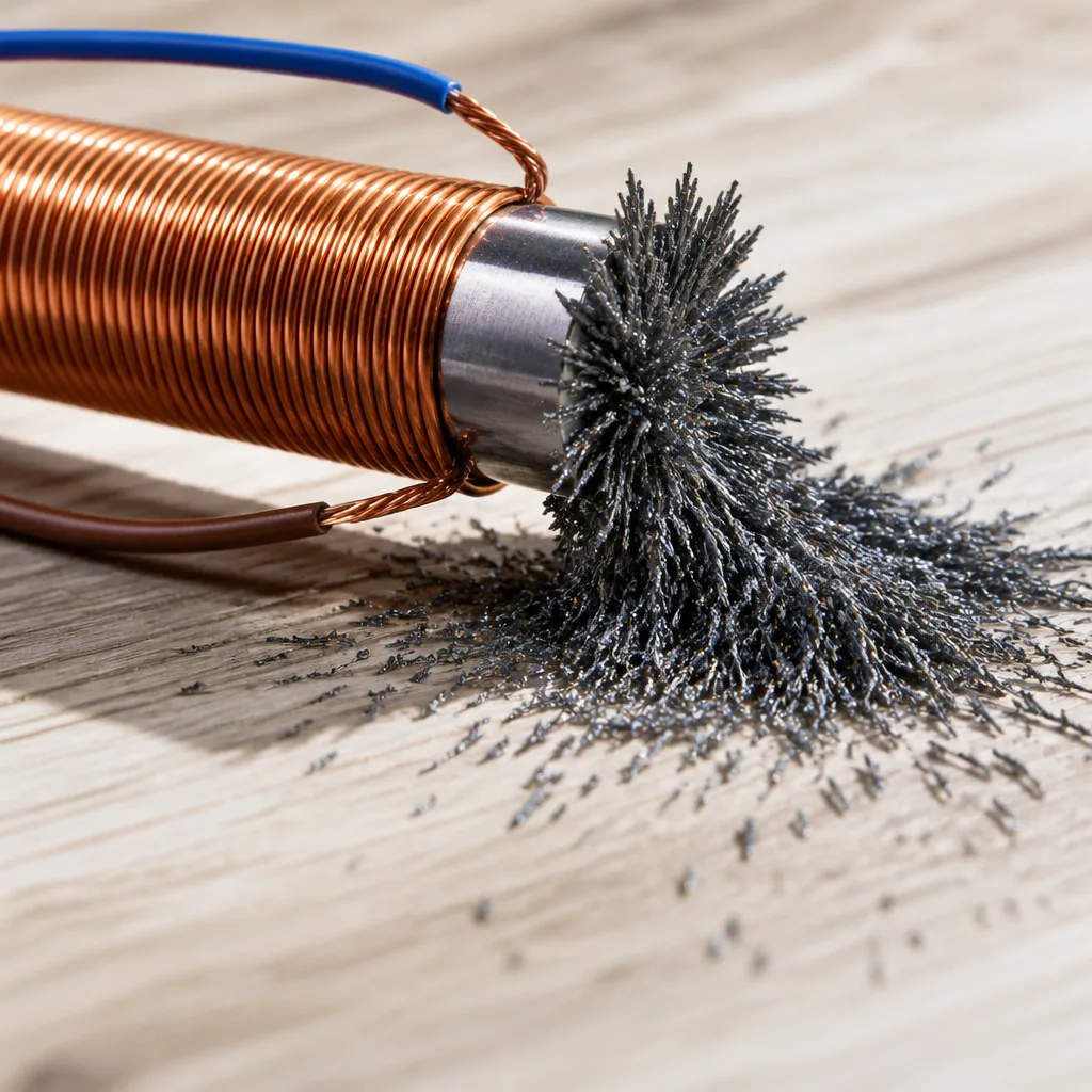 Close-up of a coil of shiny enameled copper wire wound around a gray iron core on a workbench