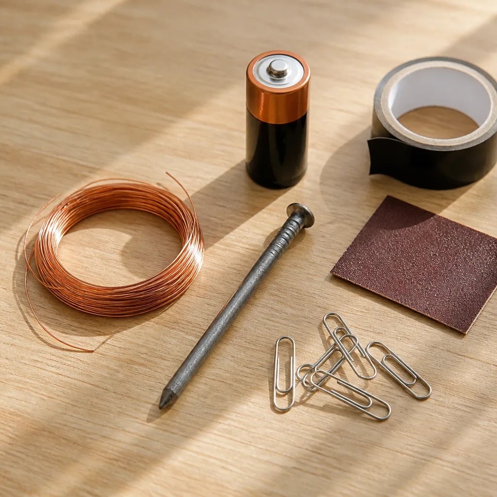 Homemade electromagnet made of a large iron nail wrapped in copper wire, connected to a battery and picking up paper clips
