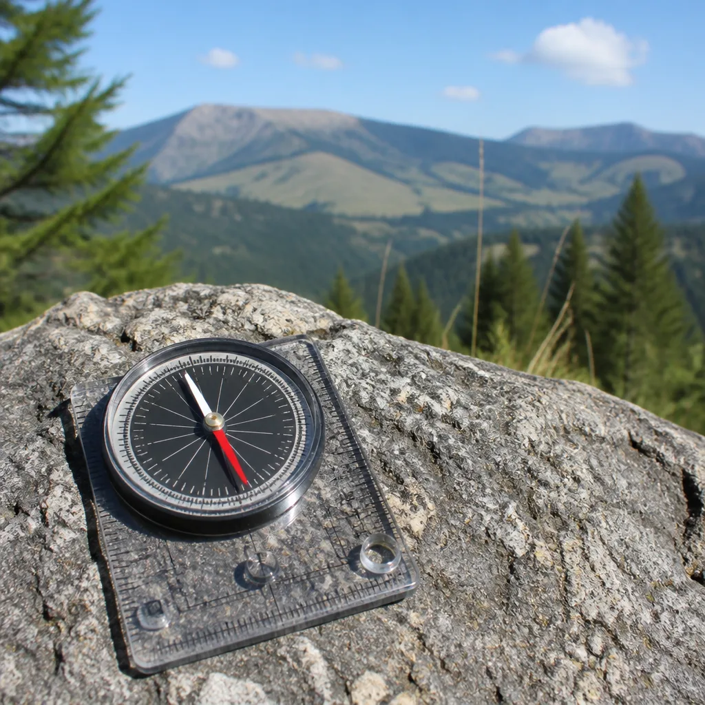 Wanderer legt einen Plattenkompass auf eine topografische Karte und dreht die Kompassdose
