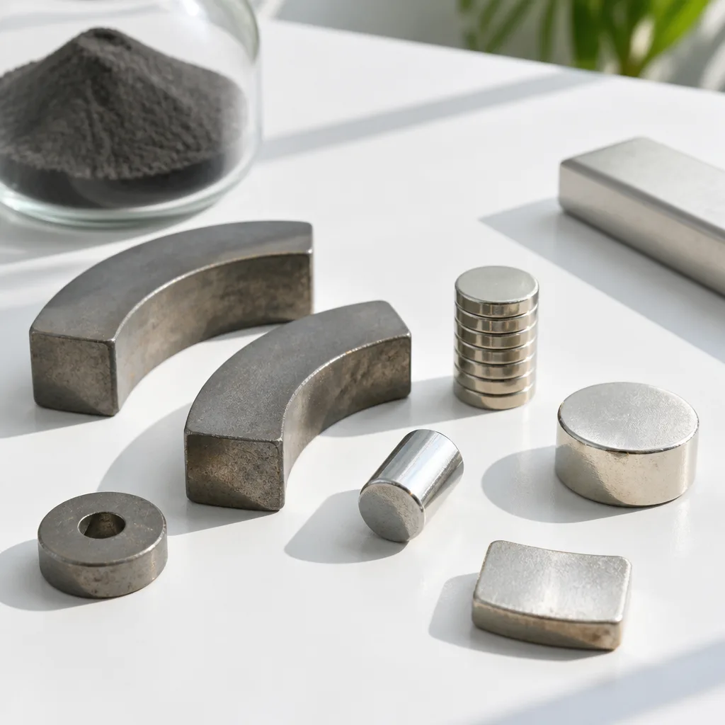 Sammlung verschiedener Dauermagnete aus AlNiCo, Ferrit und Neodym nebeneinander auf einem Labortisch