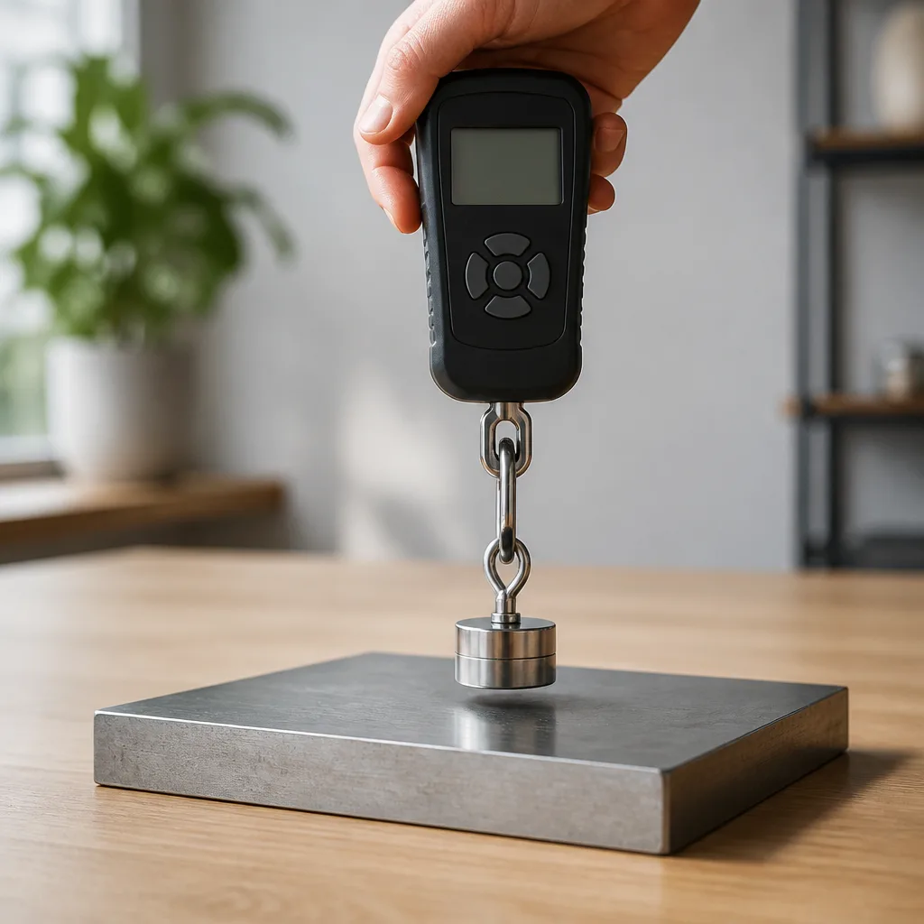 Test setup with a force gauge pulling a disc magnet straight up from a thick steel plate