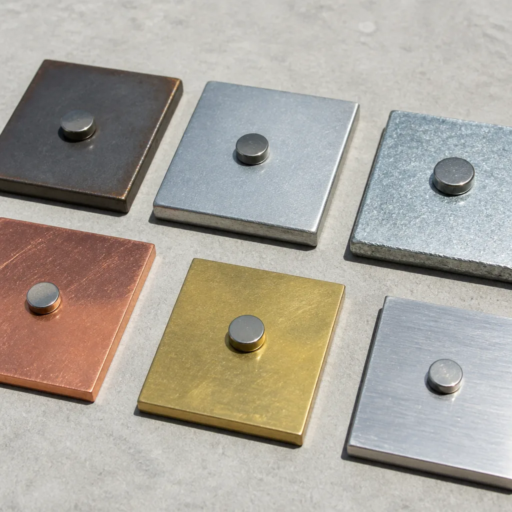 Neodymium magnet stuck to a thick steel block next to a thin painted sheet and an aluminum profile