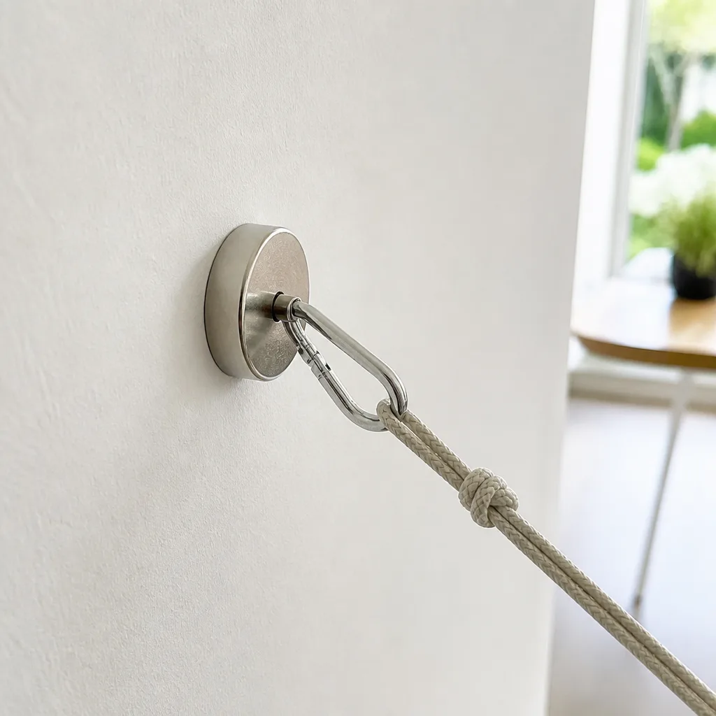 Hook magnet on a vertical steel wall holding a tool bag
