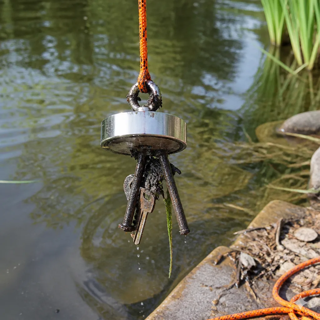 Magnet fishing in a pond or drain