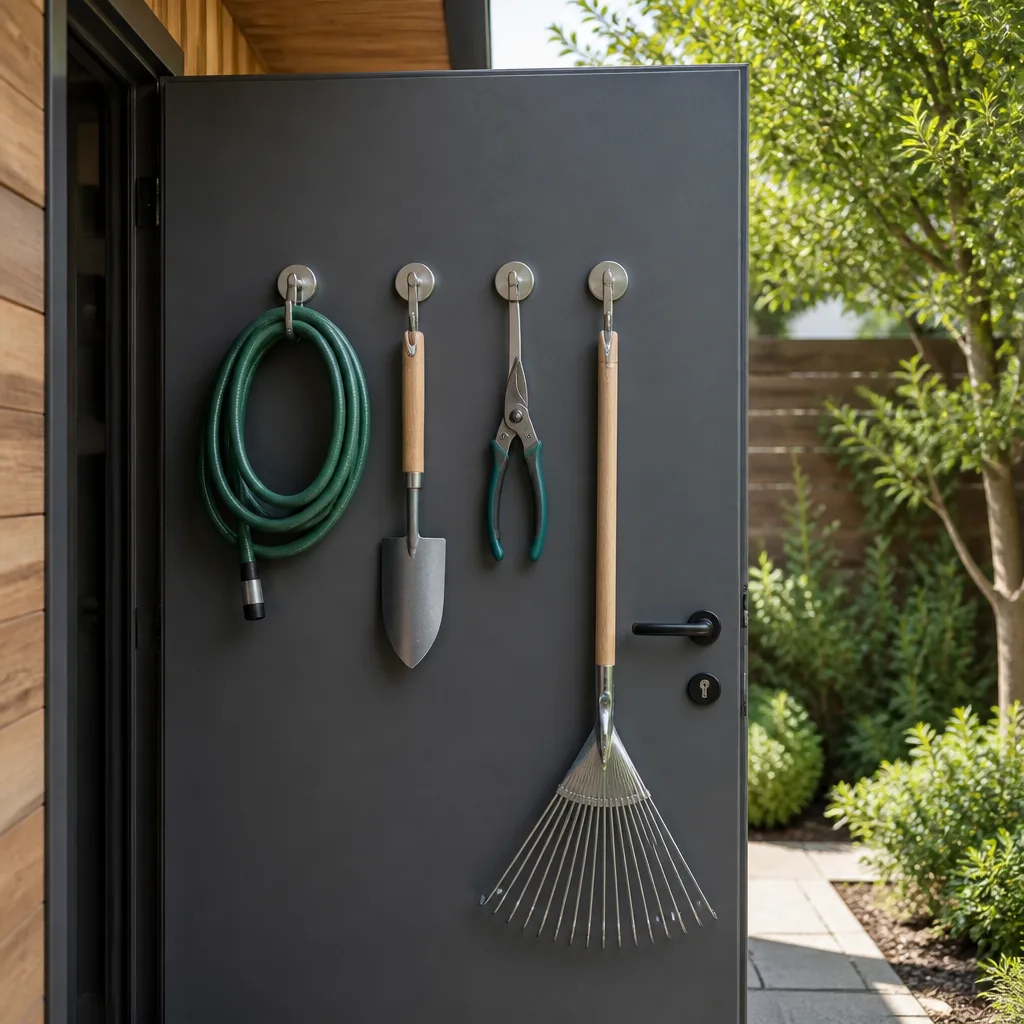 Garden tools on a steel door