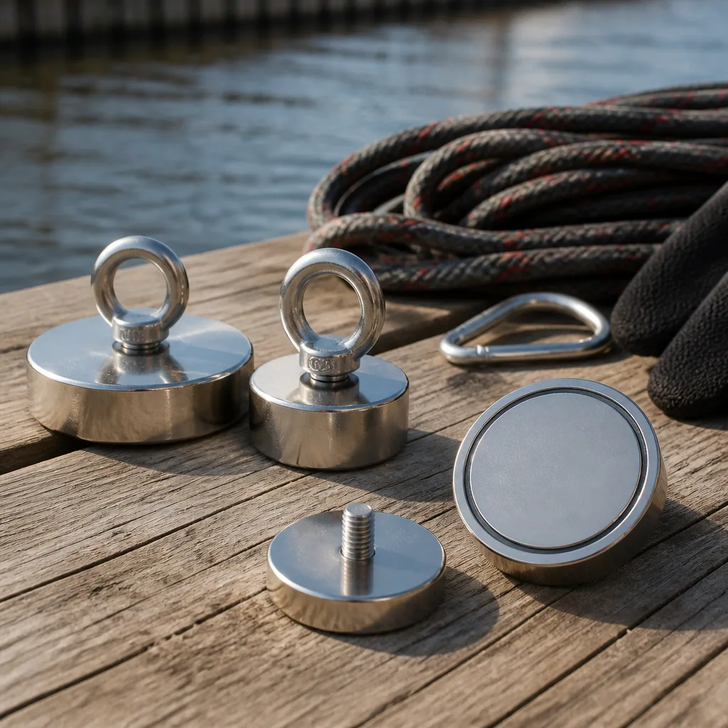 Magnet fishing gear on a wooden dock: round neodymium retrieval magnet with eyebolt, coiled rope, cut resistant gloves and a bucket