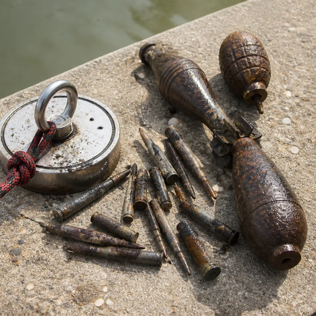 Heavily rusted, elongated metal object lying in mud on a riverbank, with police tape visible in the background