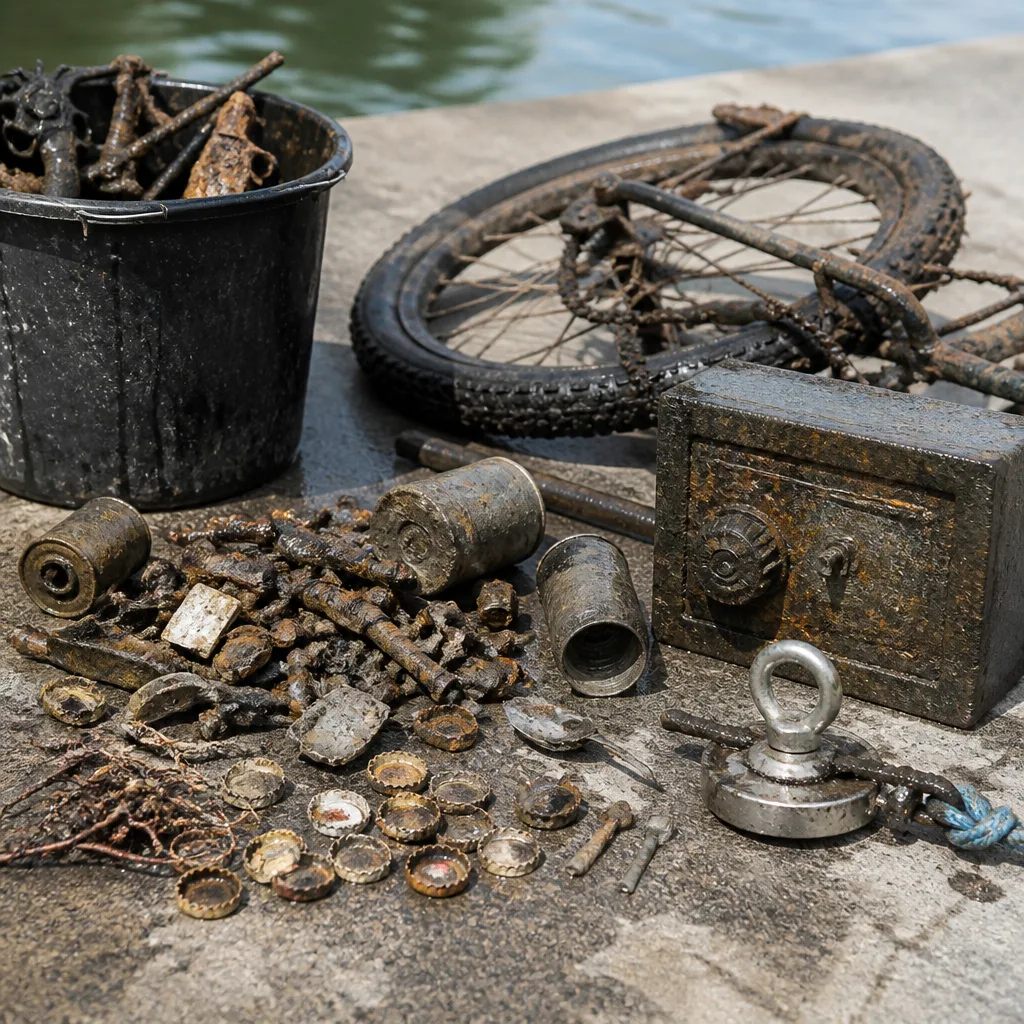 Magnet fishing finds spread out on a tarp: rusty keys, tools, a horseshoe, bicycle parts and nails