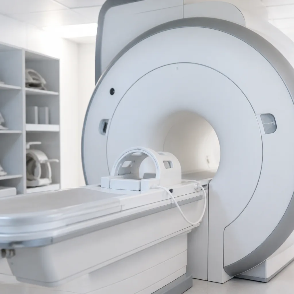 Moderner MRT-Scanner in einem hellen Untersuchungsraum mit Patientenliege vor der runden Geräteöffnung