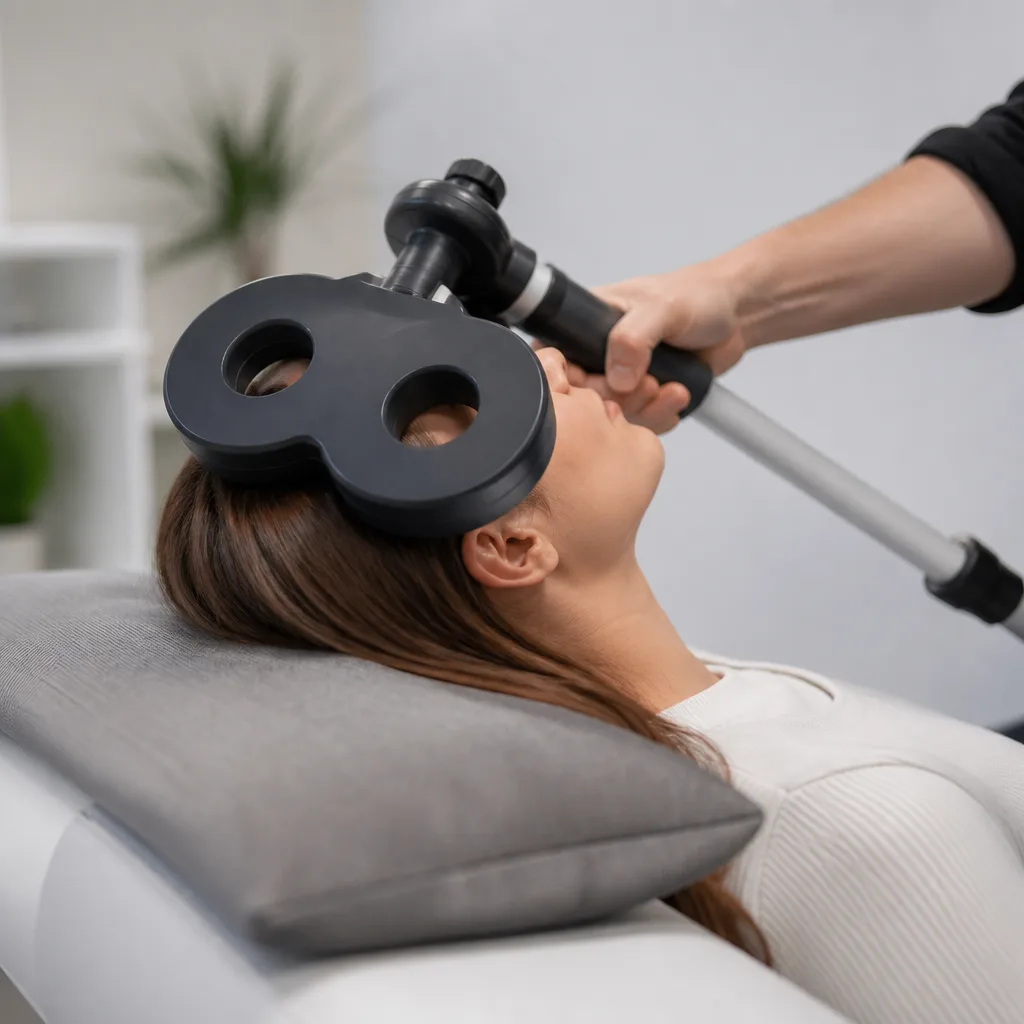 Behandlungsstuhl mit einer achtförmigen Magnetspule, die an einem Arm über dem Kopf eines Patienten positioniert ist