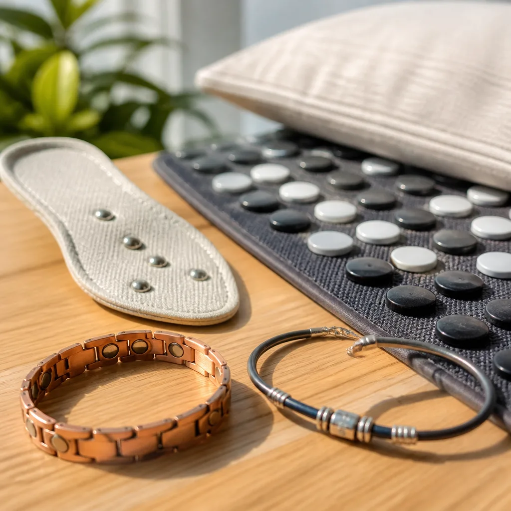 Verschiedene Magnetarmbänder und Magnetschmuck auf einem Holztisch neben einem Kompass