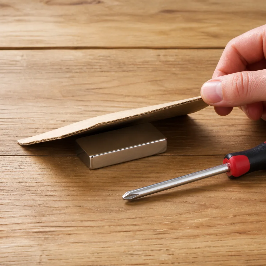 Hand drawing a screwdriver across a silver neodymium block magnet covered with thin cardboard on a workbench