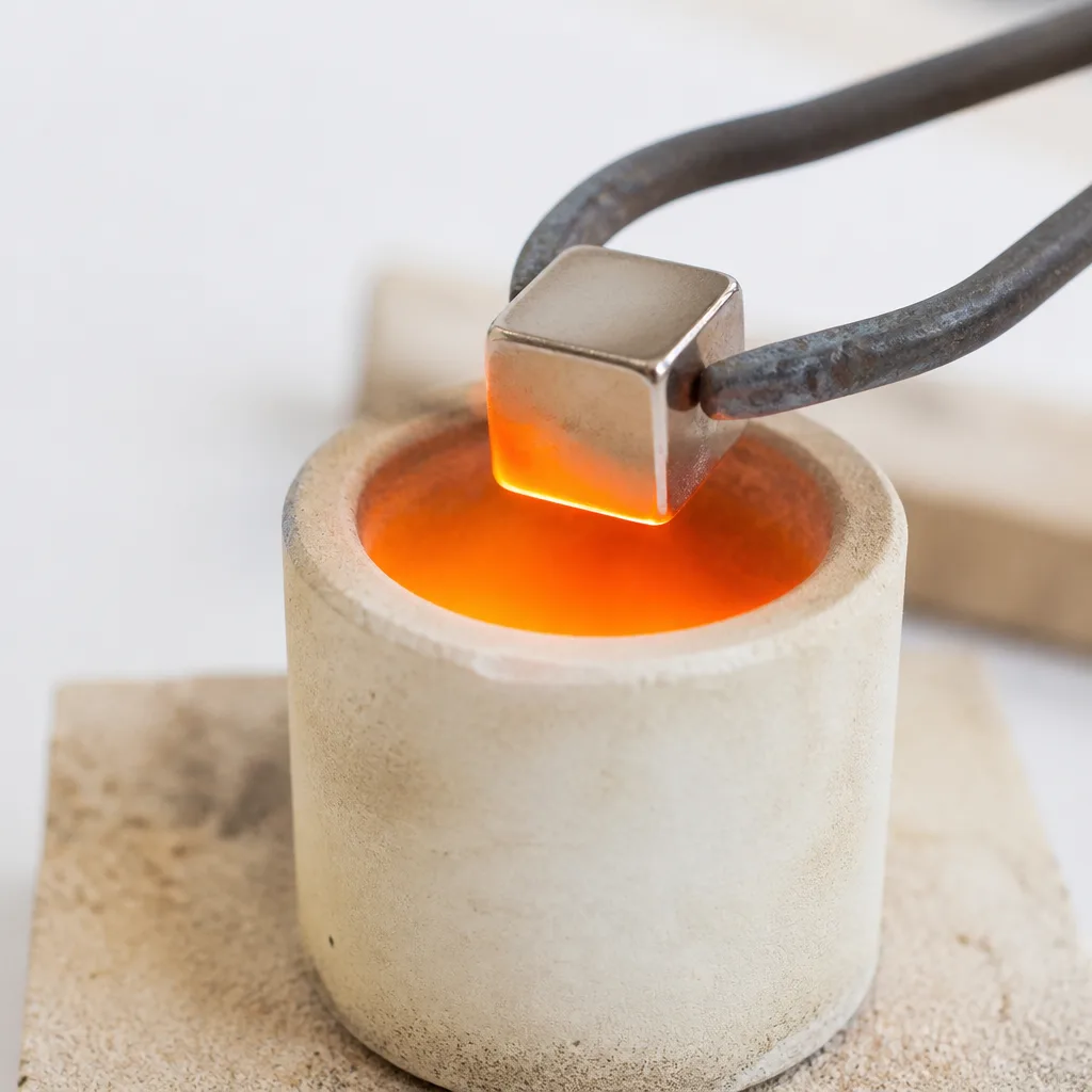 Glowing steel bar in a forge flame, with a small magnet that has dropped off the hot metal lying beside it