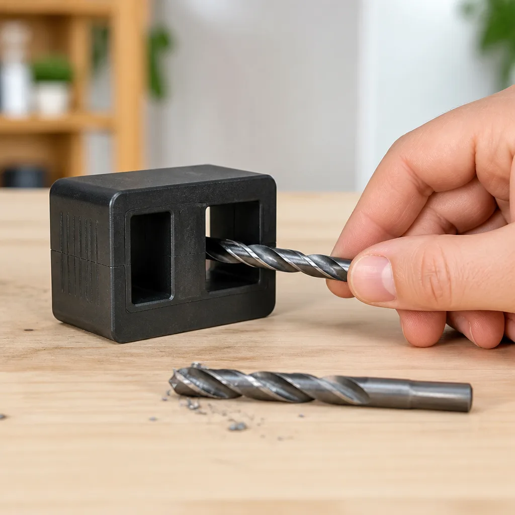 Small plastic magnetizer and demagnetizer block with two openings, with a screwdriver bit being pulled through one of them