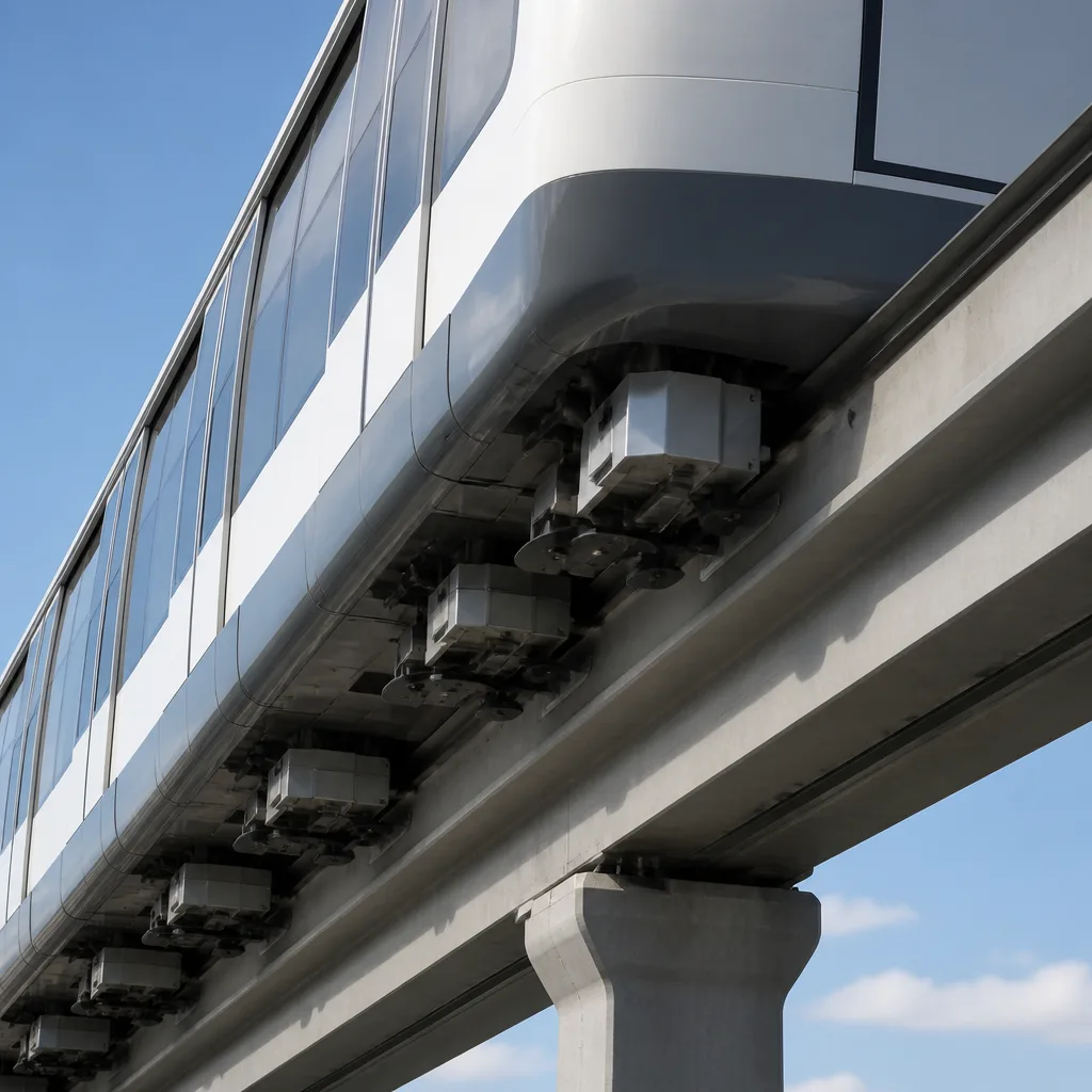 Modern maglev train running on an elevated concrete guideway in daylight
