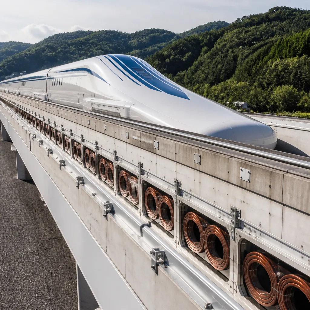 Japanese SCMaglev train with a long pointed nose on a test track lined with concrete walls