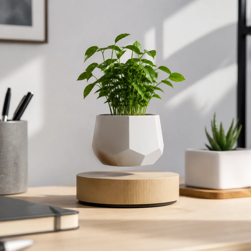 Floating globe hovering above a black base on a light wooden desk