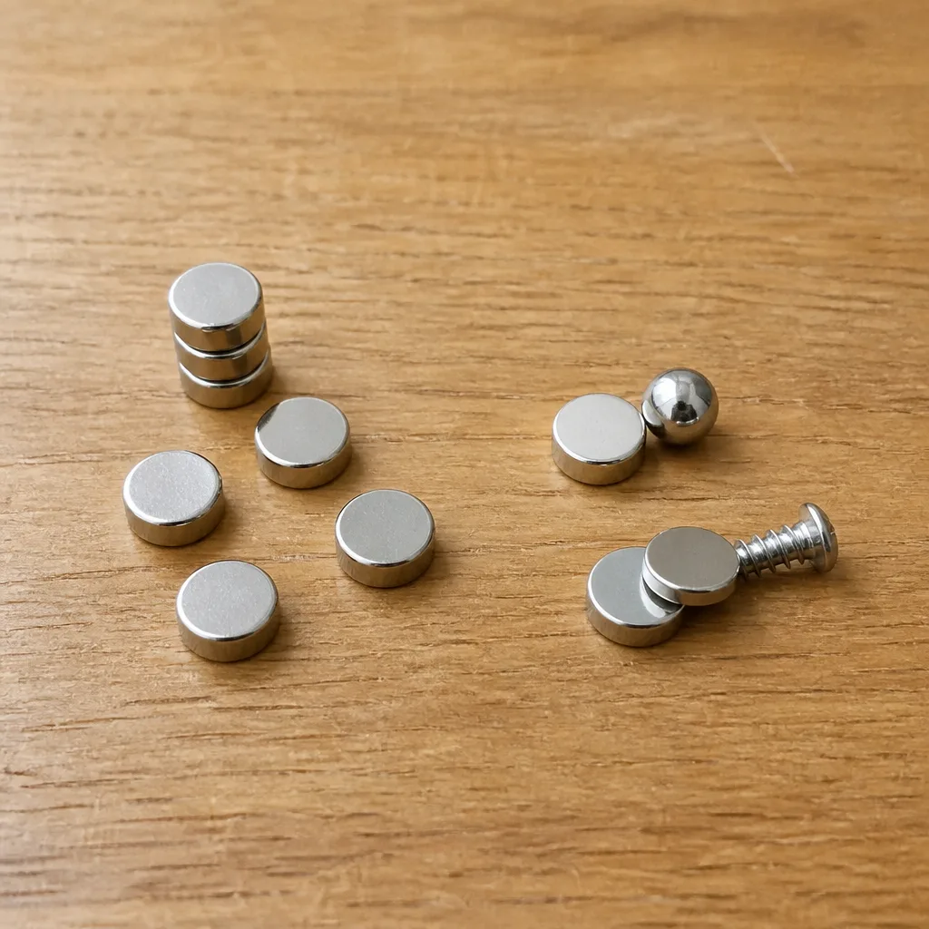 Kleine glänzende Kugelmagnete in einer Erwachsenenhand, im Hintergrund unscharf ein spielendes Kleinkind