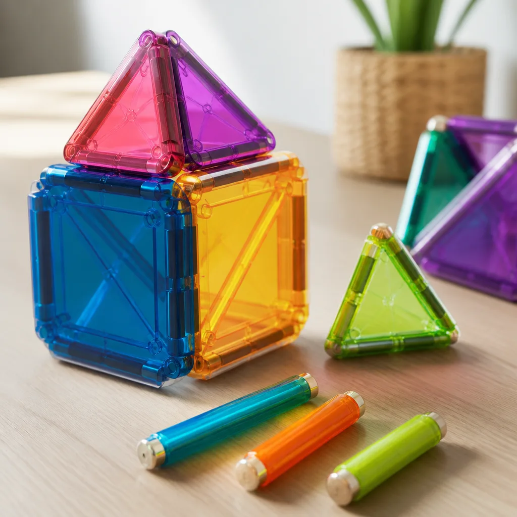 Bunte magnetische Bauplatten aus Kunststoff, zu einem Turm zusammengesetzt, auf einem Kinderzimmerteppich