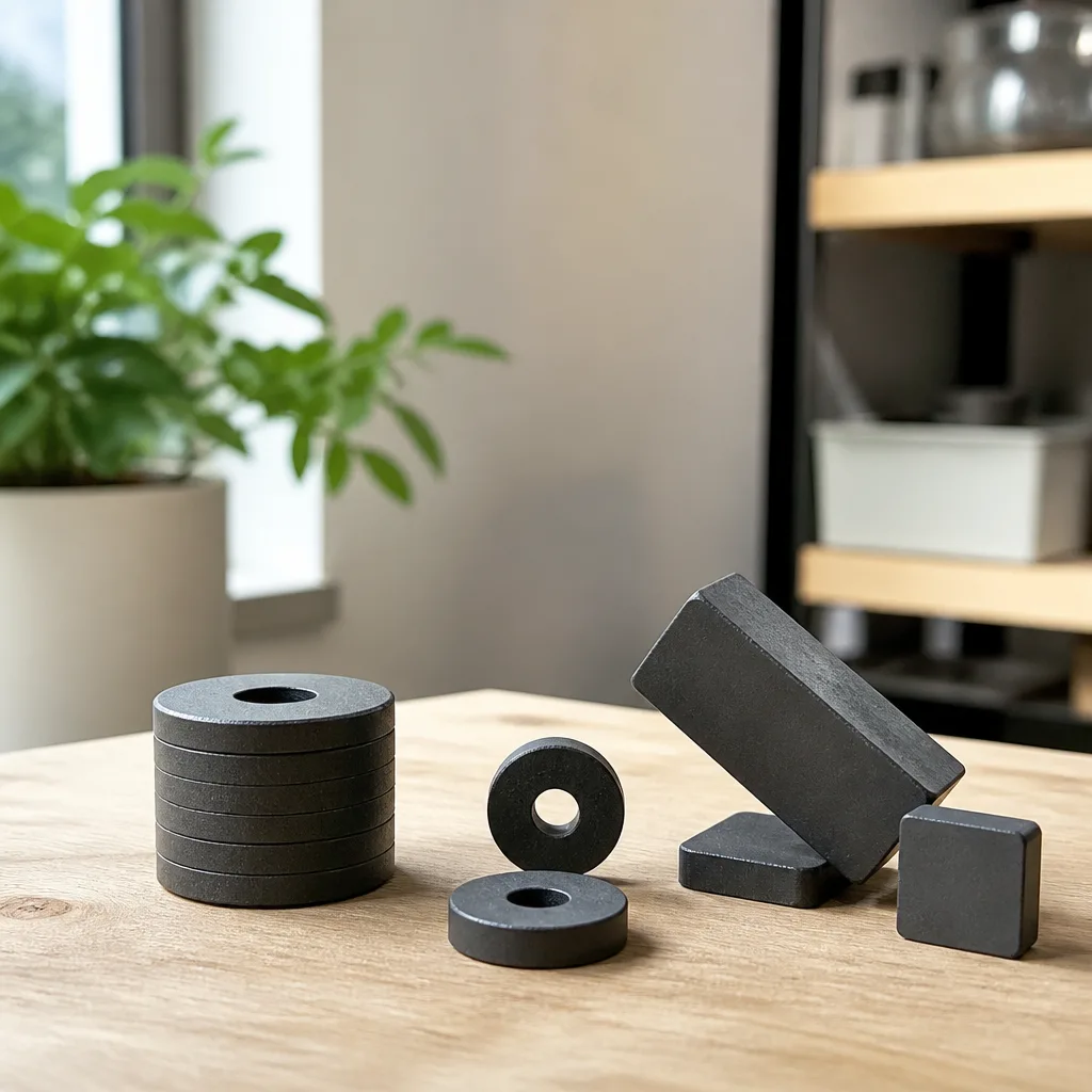 Dark gray ferrite ring and block magnets on a workbench next to a disassembled loudspeaker
