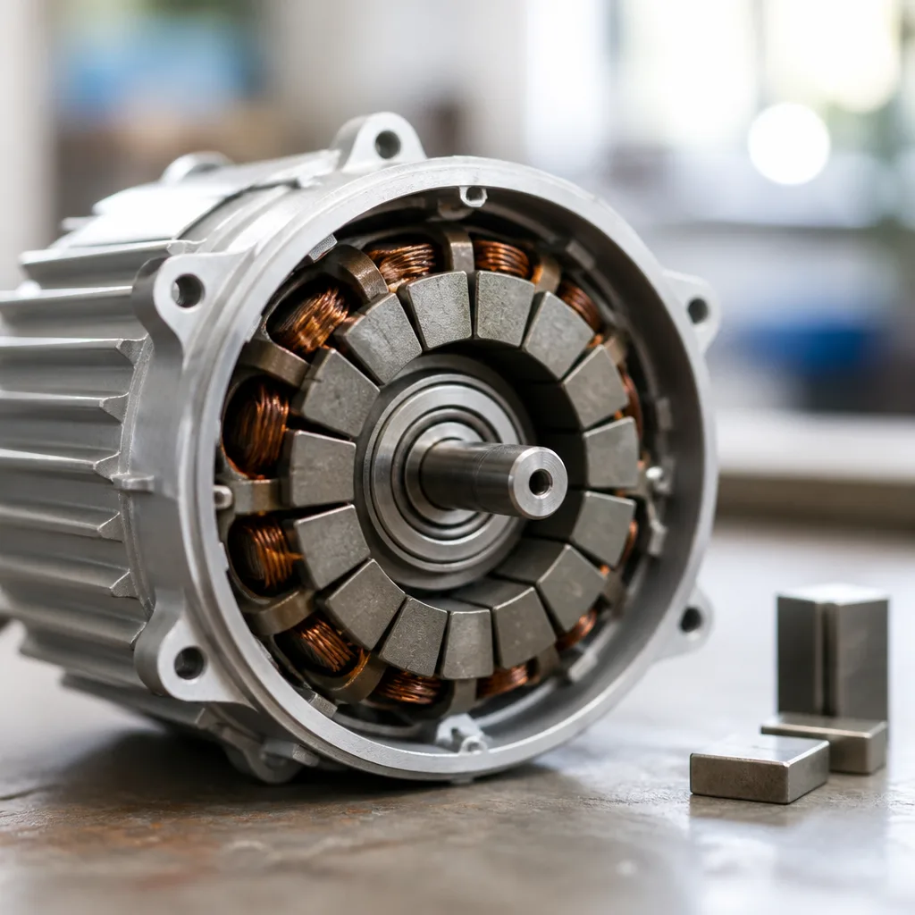 Small matte silver gray samarium cobalt magnets beside a precision motor on a lab bench