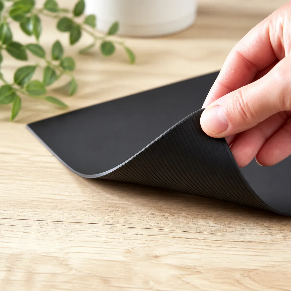 Hands cutting a magnetic sheet with scissors, with finished magnetic signs and labels nearby