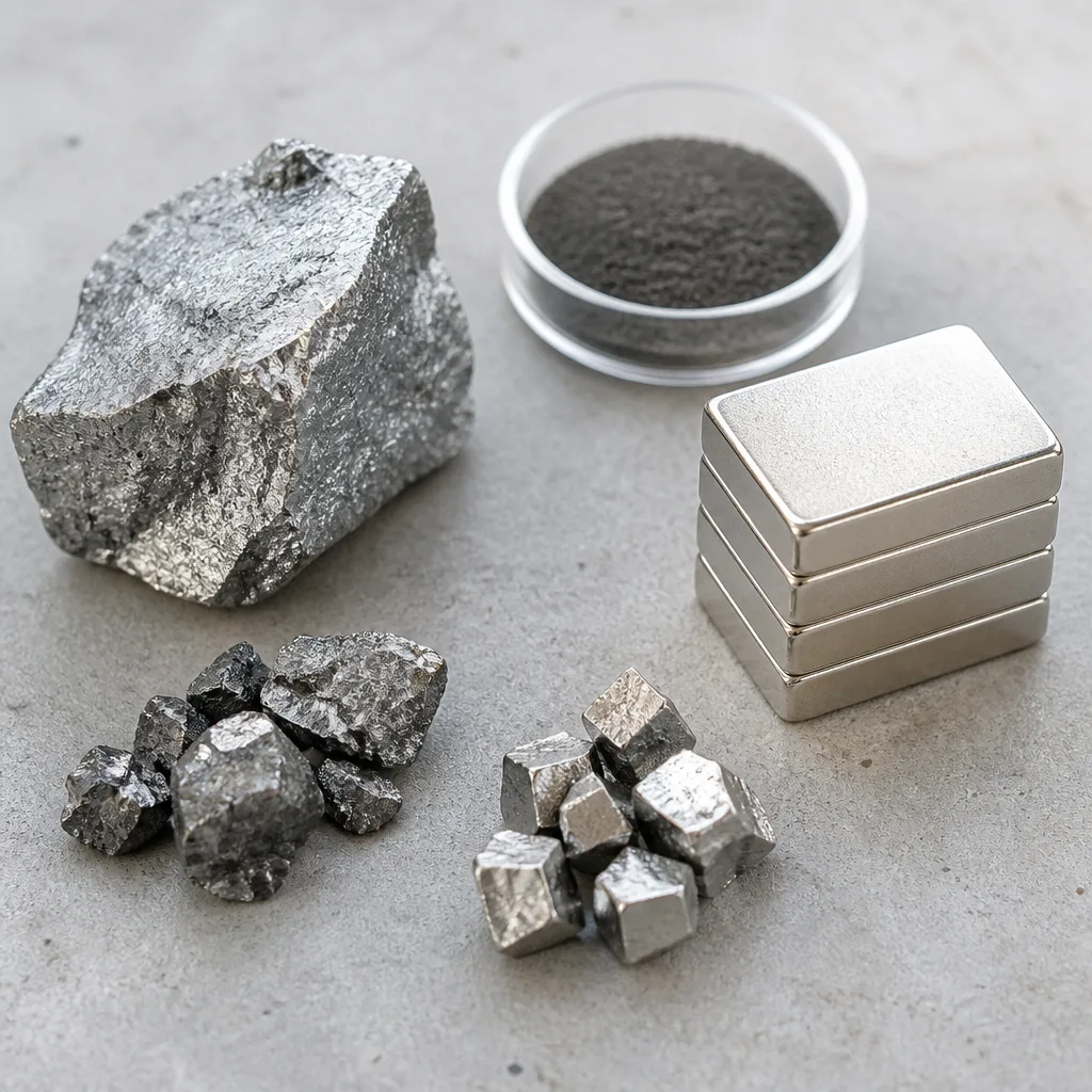 Assorted nickel plated neodymium magnets as discs, cubes and rings on a workbench