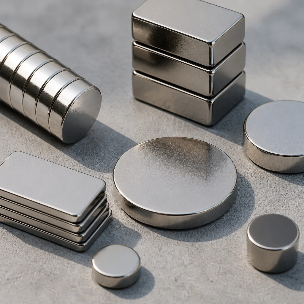 Neodymium magnets with different coatings side by side: shiny nickel, black epoxy, gold and rubber coated