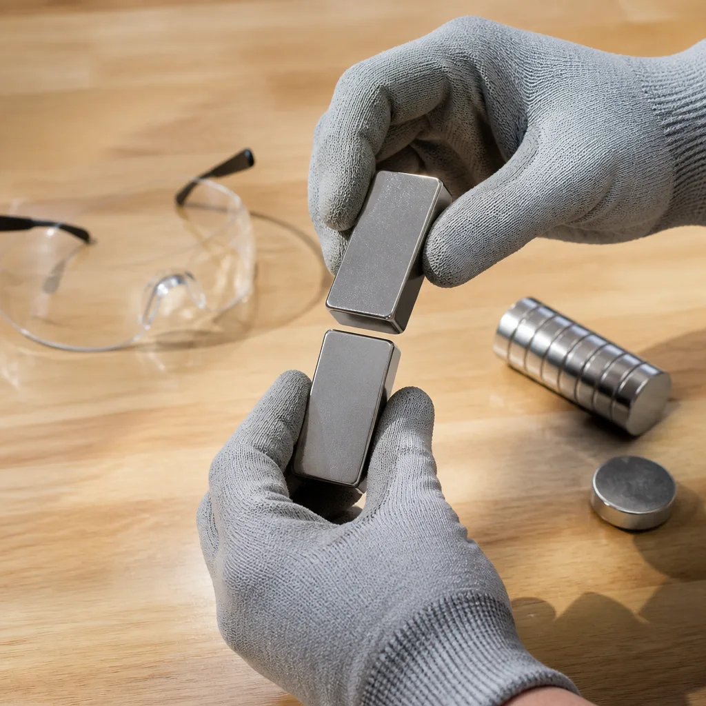 Gloved hands separating two large neodymium block magnets with a wooden wedge