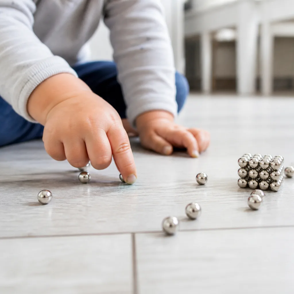 Bunte kleine Neodym-Kugelmagnete neben Kinderspielzeug auf einem Wohnzimmertisch