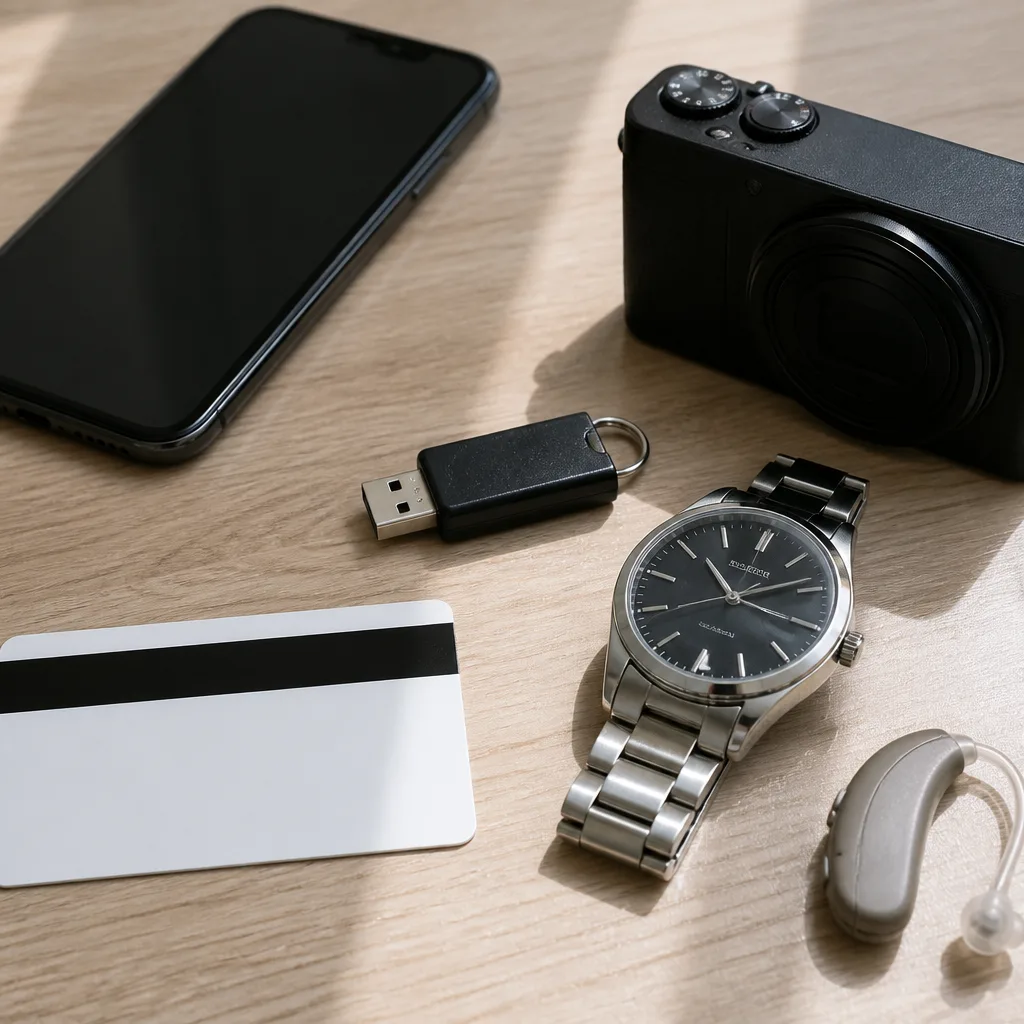 Credit card, mechanical wristwatch and hearing aid lying at a distance from a strong neodymium magnet